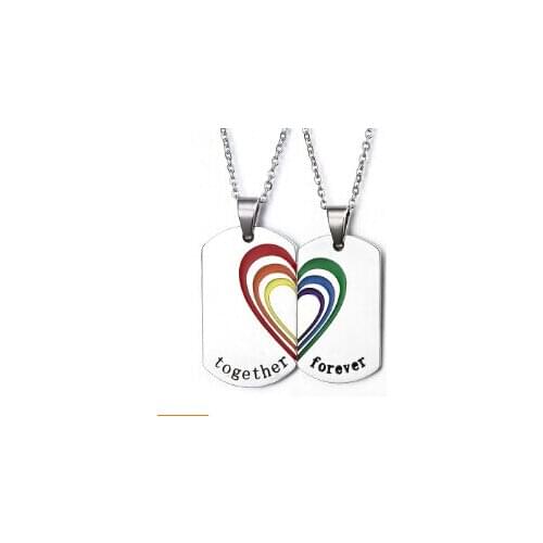Hot Sale Collares 2pcs/pair Couple Necklace Pendant Stainless Steel Rainbow Heart Wedding Jewelry Free 2 Chains Ppn-026