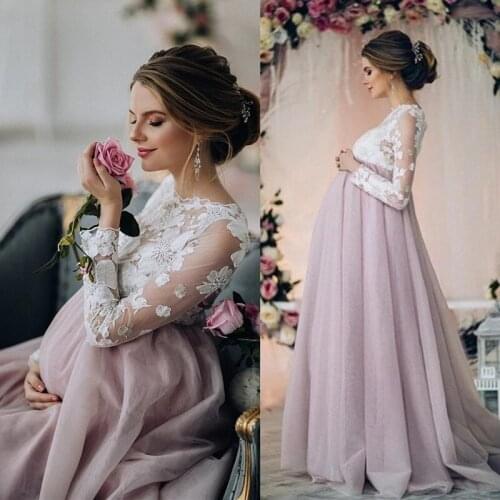 Women Pregnant Dress Lace Long Maxi Dress Maternity Gown Photography Props Clothes Party Wedding Dress