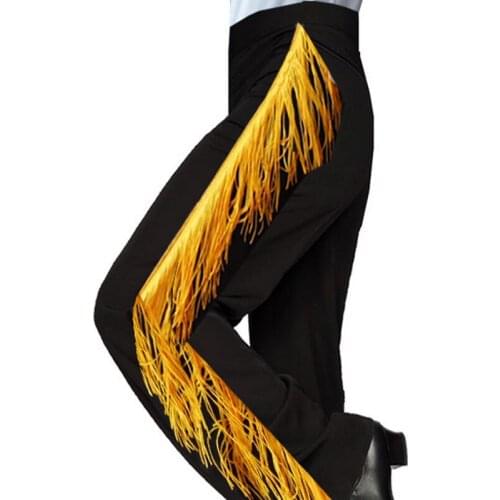 Professional Mens Latin Dance Pants Fashion Golden Tassels Modern Ballroom Dancing Trousers Long Pants K - 02
