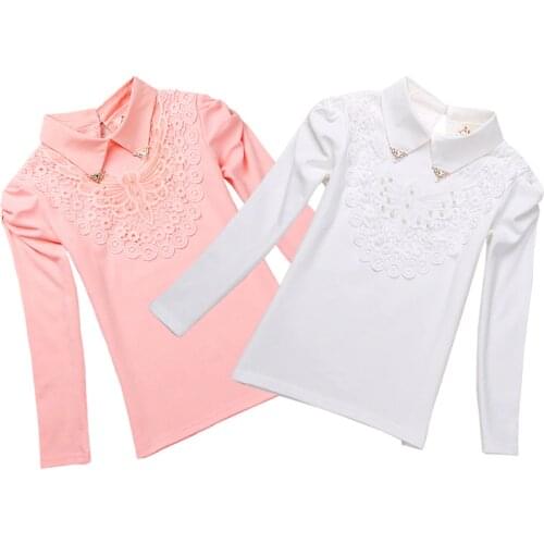 School Girls Blouse Shirts New 2018 Spring Fashion Kids Solid Turn-Down Lace Flower Blouses High Quality Children Cotton Clothes