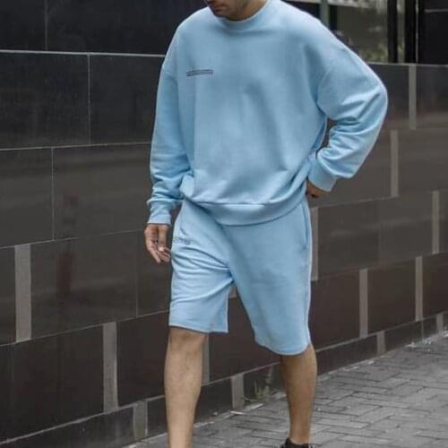 Crewneck Sweatshirt+Mid-Pants Two Piece Set For Men Solid Long Sleeve Tops High Waist Sweatpants , 100% Cotton Casual Tracksuit