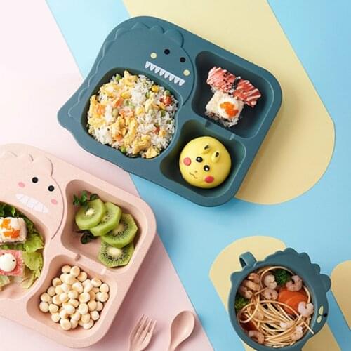 Baby Dinosaur Tableware Kids Dinner Plate Natural Bamboo Fiber Bowl With Cup Spoon Plate Fork Drop-resistant Feeding Dishes new