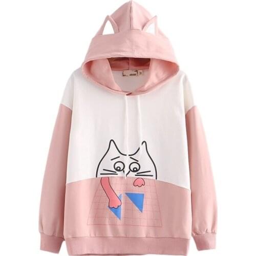 2021 Winter Cotton Women Hoodies Harakuju Cat Print Patchwork Hooded Sweatshirt Sweet Style Long Sleeve Kawaii Tracksuits Female