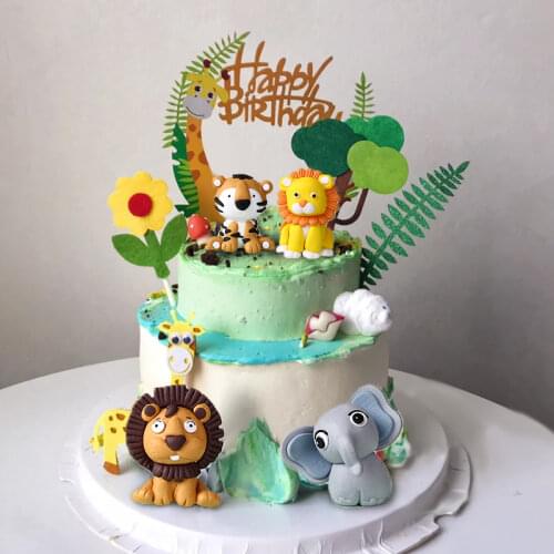 Woodland Animals Cake Decor Soft Clay Lion Elephant Tiger Deer One 1st Birthday Cake Topper Happy Birthday Party Decor Kids Boys