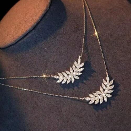 Unique design silver inlaid zircon delicate geometric leaf necklace womens crystal jewelry trend accessories