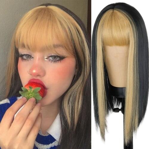 VOGUESI Black Long Straight Wig For Women Both Sides Gold Hair Middle Part with Bangs Heat Resistant Wavy Cosplay Wig For Girl