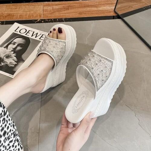 Summer Rhinestone Wedges Heel Women Slippers Platform Peep Toe Height Increasing Slides 2021 Sexy Ladies Shoes Zapatos De Mujer