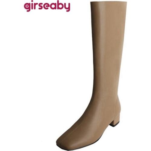 Girseaby Women Genuine Leather Mortorcycle Ridding Knee High Chunky Boots Slim 3cm Low Square Heel Zip Warm Fur Footwear 40