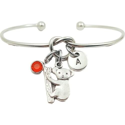 Koala Animal Retro Creative Initial Letter Monogram Birthstone Adjustable Bracelet Fashion Jewelry Women Gift Pendant
