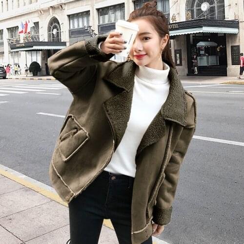 Winter Short Suede Faux Leather Jacket Women Large Size Korean Female Beige White Motorcycle Biker Suede Jacket Outwear Tops