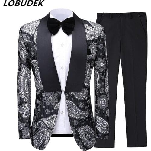2020 New Mens Fashion Jacquard Formal Suit Singer Host Stage Suits Tuxedo Costume Groom Wedding Dress Banquet Blazer Set S-3XL