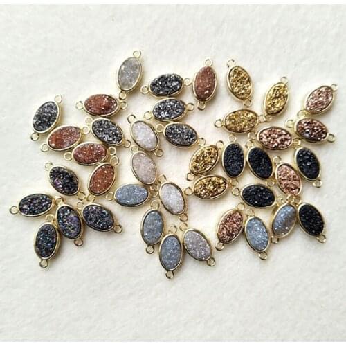 50pcs oval MIX color Druzy Agate Geode Druzy Pendants Gold Plated Titanium Druzy charms Connector Bead with Double Bails CT66