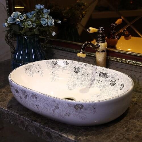 White China Painting Kingfisher lotus Ceramic Painting Round washing basin counter top wash basin round bathroom sink oval basin
