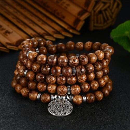 Prayer Beads Bracelet 108 Tibetan Buddhist Rosary Charm Mala Meditation Flower of Life Lucky Wenge Wooden Bracelet For Women Men