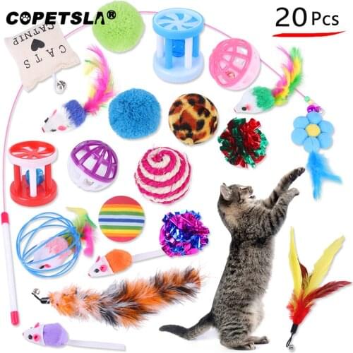 Copetsla 20Pcs Cat Toys Kit Collapsible Tunnel Cat toy Fun Bell Feather Mice Shape Pet Kitten Dog Cat Interactive Play Supplies