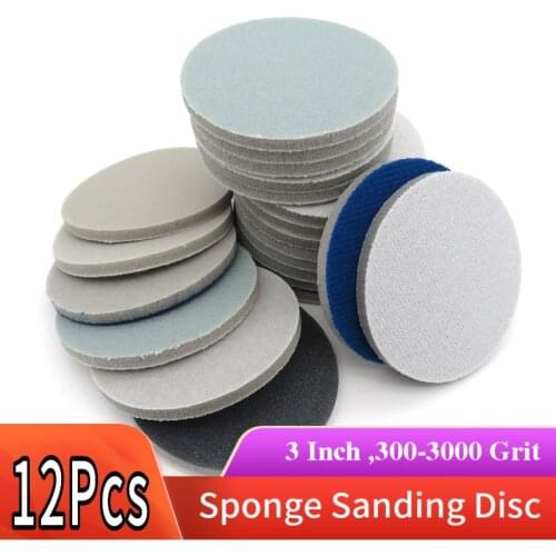 12 Pcs Flocking Round Disc Sanding Sponge 3 Inch 75mm 300-3000 Grit for Polishing & Grinding Power Tools Accessories