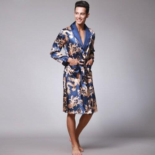 Stylish Mens Bathrobe Silk Kimono Long Sleeves Robe Chinese Lucky Dragon Print Pajamas Men Gown Bathrobe Men Homewear