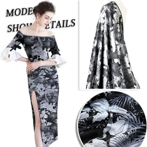 HLQON gold line yarn dyed brocade jacquard gray printing fabric for dress women clothing tissue patchwork 145cm width