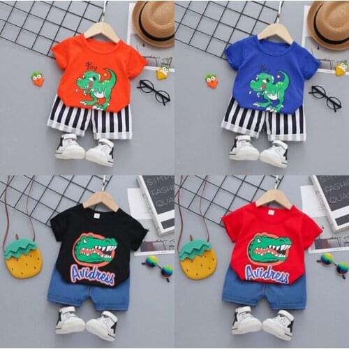 Cartoon Dinosaur Kids Clothes Set Baby Boys T-shirt Striped Pants 2pcs Childrens Summer Clothing Sets Baby Girls Costume