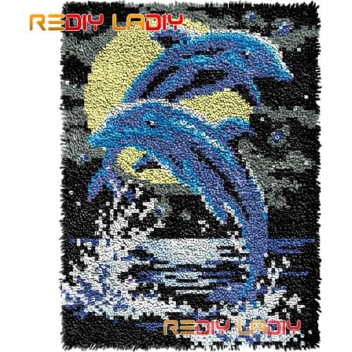 Latch Hook Rug Two Dolphins Grass Crocheting Tapestry Kit DIY Carpet Rug Chunky Yarn Needlework Knitted Floor Mat Hobby & Crafts