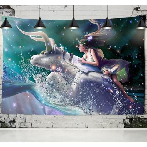Cartoon Animation Print Tapestry Mythical Animal Unicorn Taurus Wall Hanging Psychedelic Tapestry Hippie Wall Carpets Dorm Decor