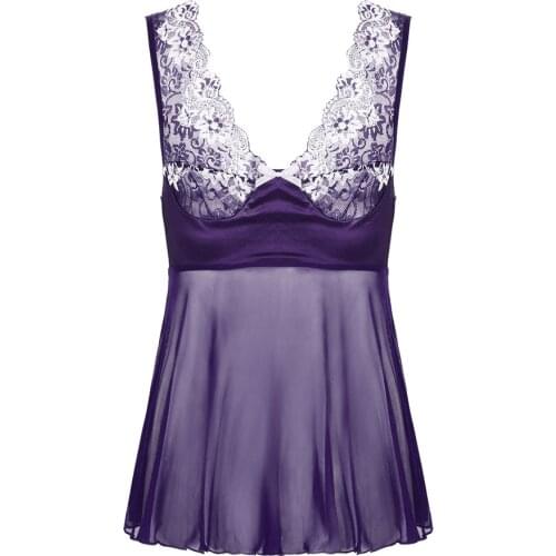 Men Sissy Dress Lingerie Deep V Lace Floral Mesh See-through Mini Dress Top Babydoll Transparent Sleepwear Nightwear Pajamas