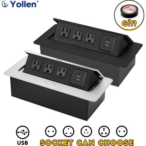 All Aluminum Panel US Standard Hidden Type Table Socket 3 Way Electrical Outlet Modular Power USB+EUR/UK/Universal/CN Household