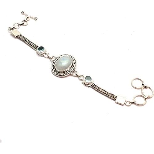 Genuine Rainbow Moonstone + Blue Topaz Bracelet 925 Sterling Silver, 19 cm, GRPB0491