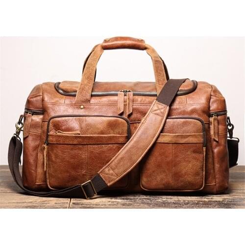 POOLOOS New Large Capacity Vintage Brown Coffee Genuine Leather Business Men Travel Bags Cowhide Duffle Bag M1419