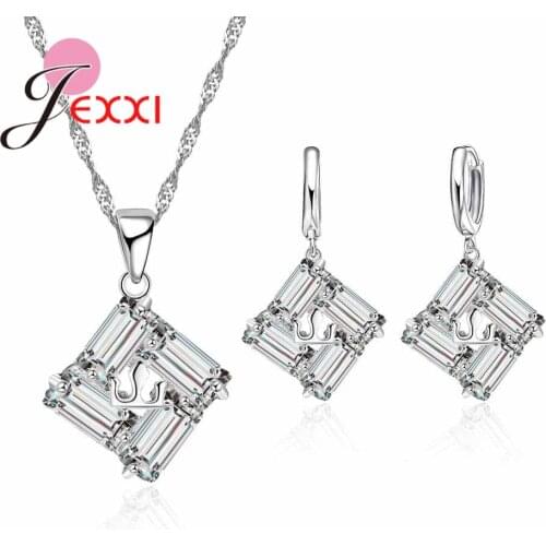 Ture 925 Sterling Silver Jewelry Set For Women AAA+ Square Bling Cubic Zircon Chain Necklace Earring Set Birthday Gift