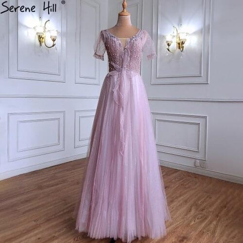 Serene Hill Luxury Pink A-Line Evening Dresses Gowns 2021 Beaded Short Sleeves Lace Up For Women Party LA70840