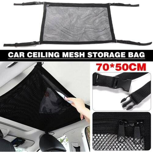 1pc 70x50cm Car Roof Ceiling Net Mesh Storage Bag Pouch Ceiling Pockets Breathable Polyester Mesh Bag Auto Stowing Tidying Parts