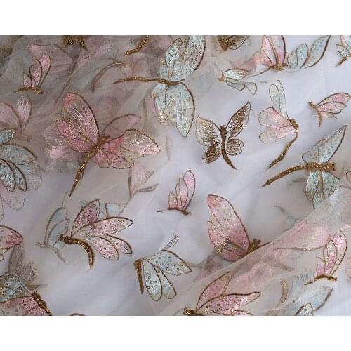 Sequins Embroidered Mesh Dragonflies Lace Fabric Glitzy Gown Dress Making Fabric Sold By The Yard