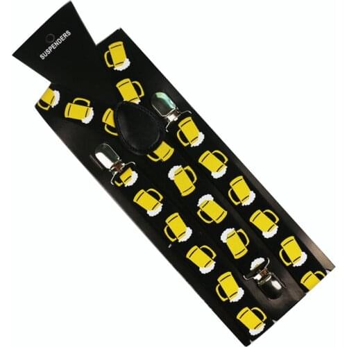 Winfox Fashion Black Yellow Beer Cup Print Unisex Clip-on Suspenders For Women Men Elastic Y-Shape Back Braces