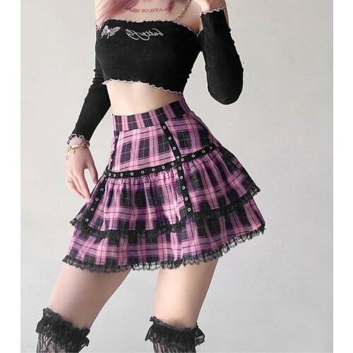 Cascading Ruffles High Waist Women Plaid Mini A-line Skirts 2021 Summer Gothic Style Ladies Daily Fashion Multi-Layered Bottom