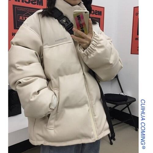 Women Winter PU Clothes Ladies Coats and Jackets Harajuku Thicken Jacket Short Parkas Long Sleeve Oversize Down Cotton Coat