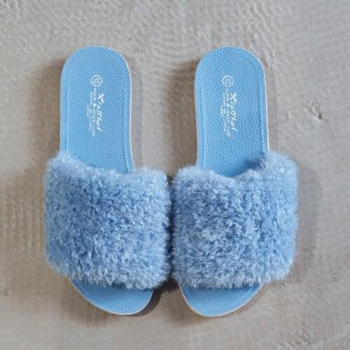 Womens Furry Slides Candy Color Thick Sole Female Indoor House Flat Shoes Non-slip Cute Fur Warm Woman Slides Ladies Flip Flops