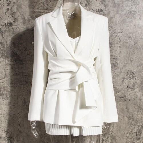 Women White Blazer Detachable Cummerbund High Waist Tunic Blazer Coat High Street