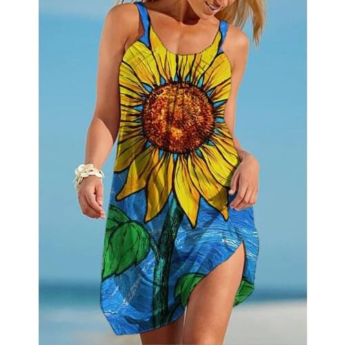 Sunflower Midi Dress Women Bohemian Outing Beach Casual Sexy Dress Floral Camisole 3D Printing Girl Skirt Party Dresses Evening