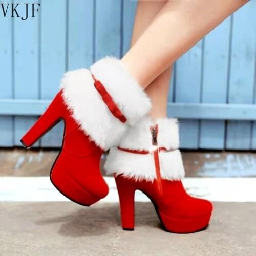 Winter Women Boots Christmas Ankle Boots High Heels Ladies Shoes Femme Warm Short Boots Red Black Shoes Plus Size 34-43
