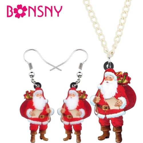 Bonsny Acrylic Christmas Santa Claus Gift Bag Jewelry Set Necklace Earrings Festival Decoration Jewelry Lady Girl Charm Gift2019