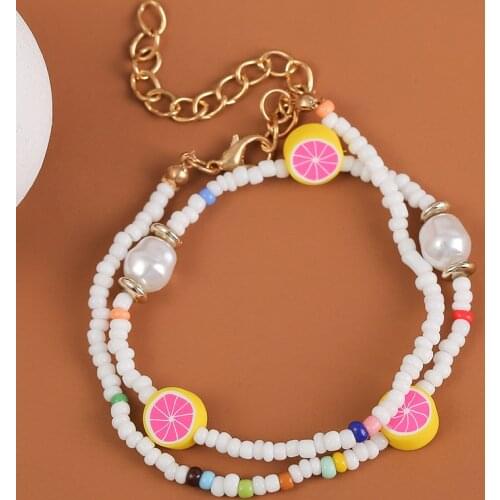 Fashion Boho Double Layer Handmade Beaded White Glass Beads Pearl Bracelets For Women Girls Polymer Clay Fruit Lemon Bracelet