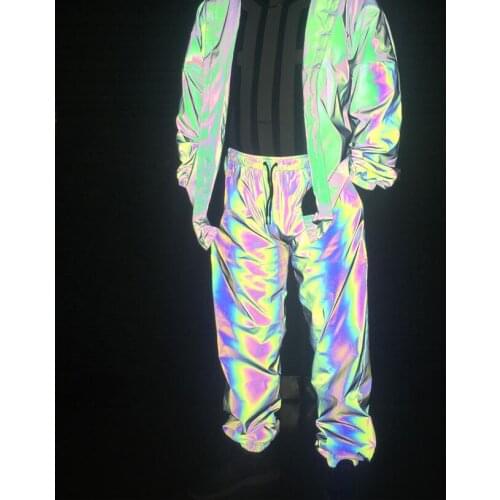 Men spring autumn night colorful shiny reflective pants street punk hip hop joggers male casual vintage reflect light sweatpants