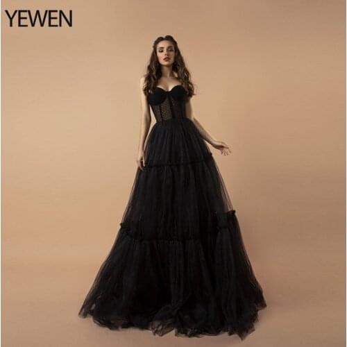 Black Tulle Evening Dress Princess Simple Prom Dress Party Wear for Woman Spaghetti Strap Corset Wedding Guest Dress YEWEN 2021