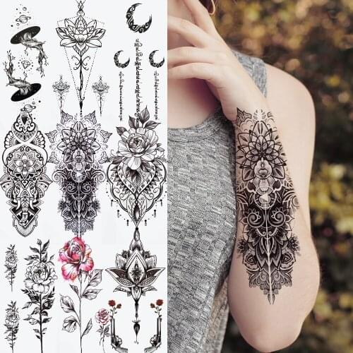 Black Henna Mandala Flower Temporary Tattoo For Women Men Children Tribal Totem Fake Tatoo Adults Pendants Moon Tatoos Sticker