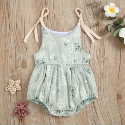 Newborn Baby Girls Summer Sleeveless Romper Baby Girls Tie-up Plant Pattern U-shaped Neck Bodysui 0-24M
