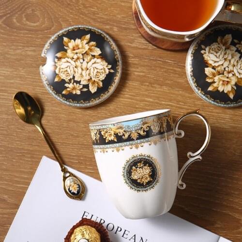 Europe Luxury Bone China Mugs Ceramic Cup With Lid Spoon Large-Capacity Couple Water Cups Gift Set
