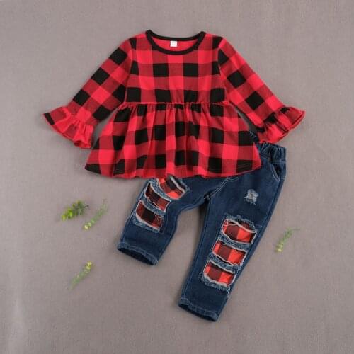 Children Girls New Fashion Clothing A-Line Tops And Denim Pant Baby Girls Clothes Sets Long Sleeve O-Neck T-shirts Kids Jeans