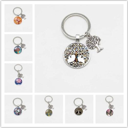 Glamour fashion retro life tree glass pendant DIY charm metal keychain jewelry wholesale