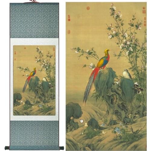 LangShining ink painting Birds and flower Painting Spring Ink wash painting silk scroll birds and flower painting